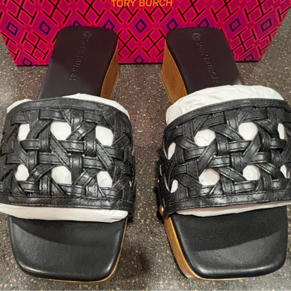 Tory Burch Black Basketweave Clog Size 8